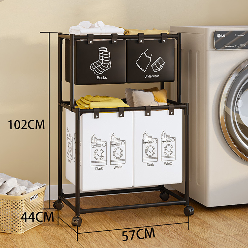 TEMU Panier à linge à 2 compartiments avec roulettes, trieur à 2 niveaux avec poignées, cadre en métal robuste et respirante, pliable et encombrant