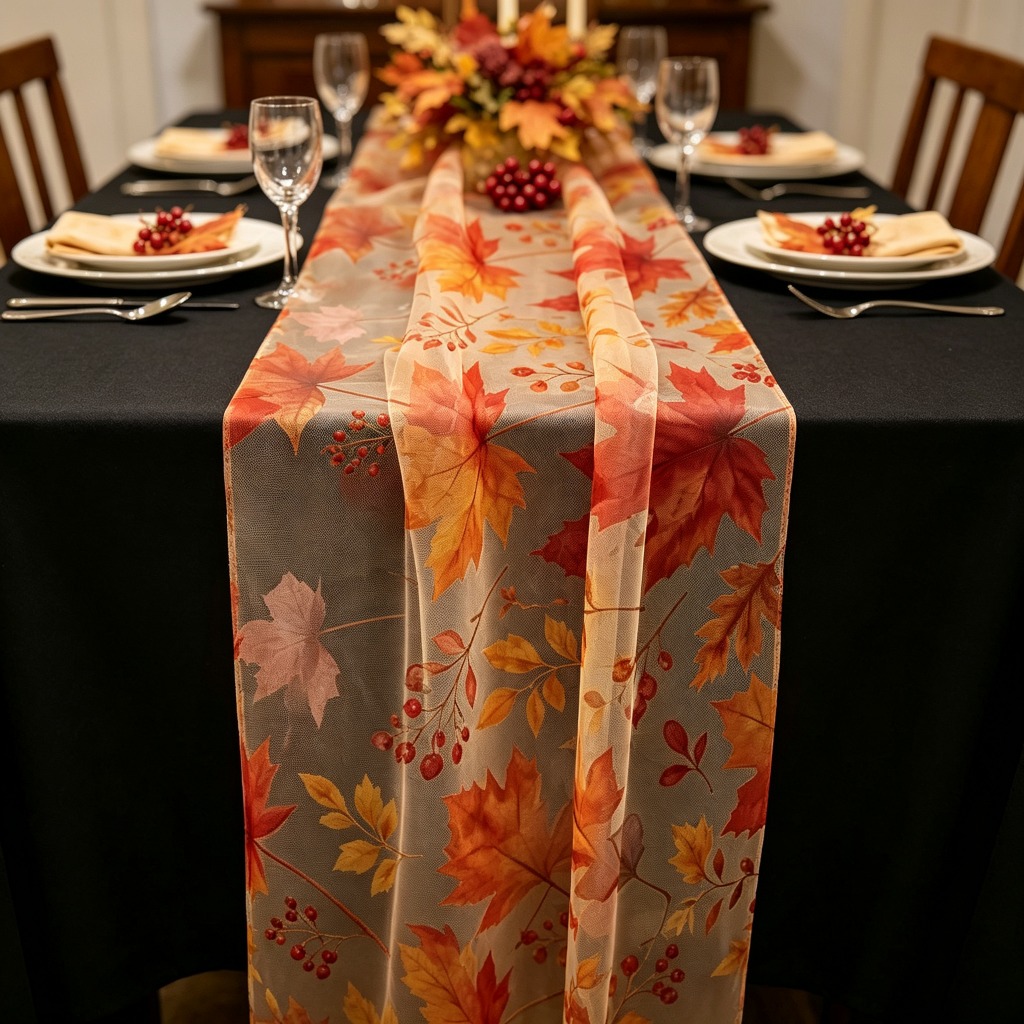 TEMU 1pc Maple Leaf Pattern Printed Table Runner, Mesh Fabric Lightweight And Breathable, Exquisite Printing Craft, Suitable For European Weddings,