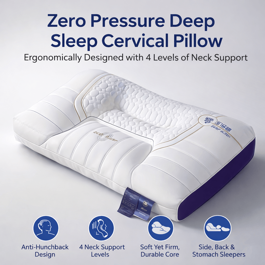 Zero Pressure Deep Sleep Cervical Pillow – 4-Level Ergonomic Neck Support, Anti-Hunchback Contoured Design, Soft & Firm with Non-Collapsing Core, Ideal for Side, Back & Stomach Sleepers, Home & Travel Comfort Pillow