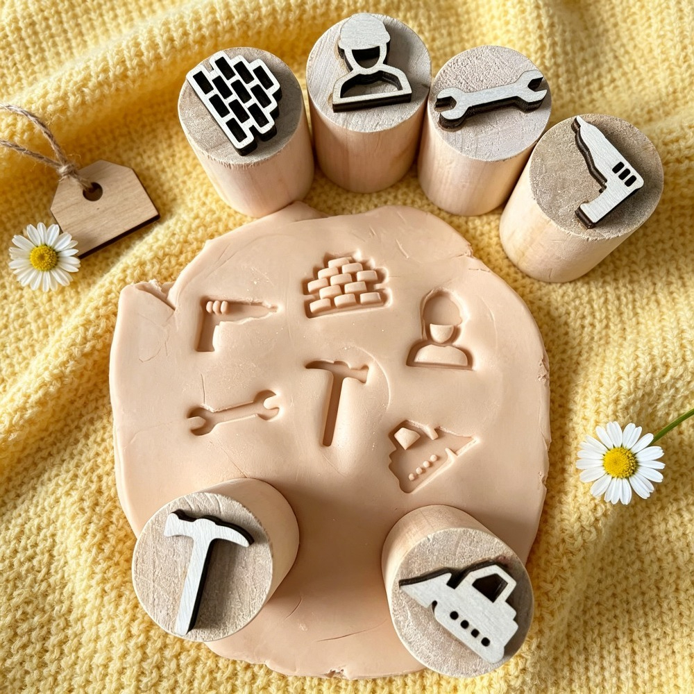 Set of Engineering Tool and Space-themed Wooden Stamps