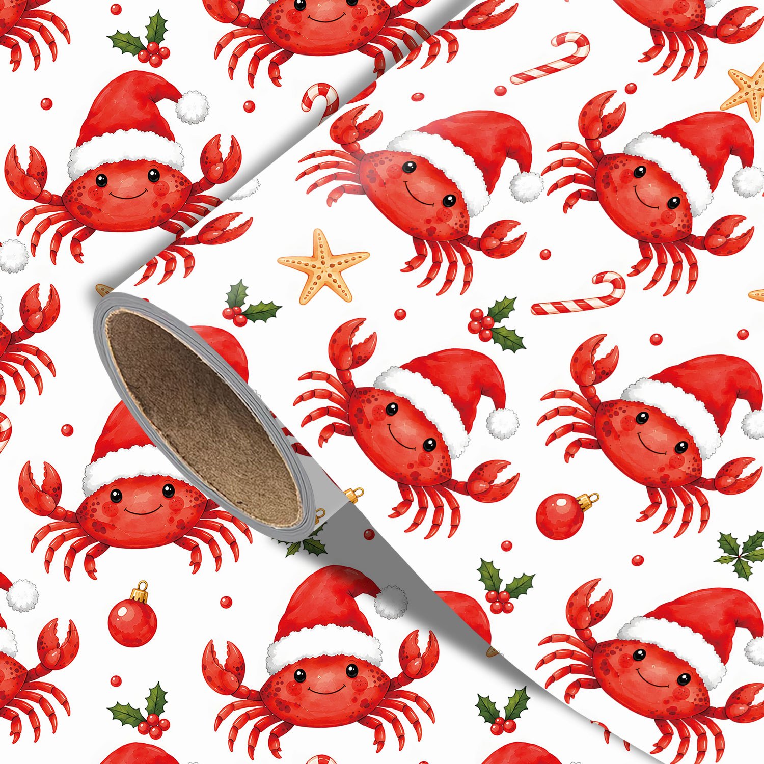 TEMU Roll Of Christmas Crab Wrapping Paper Suitable For Xmas Gifts, Party Decorations & Diy Crafts - Nautical Crab Theme With Santa Hat Crabs, Candy