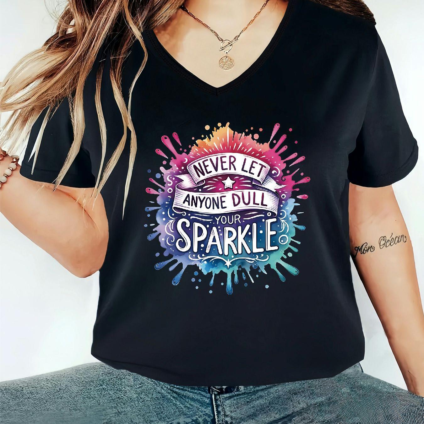 

Plus Size Chic For Women - Casual V-neck With & Inspirational Print, Short Sleeve, Stretchy Knit Polyester, Machine Washable