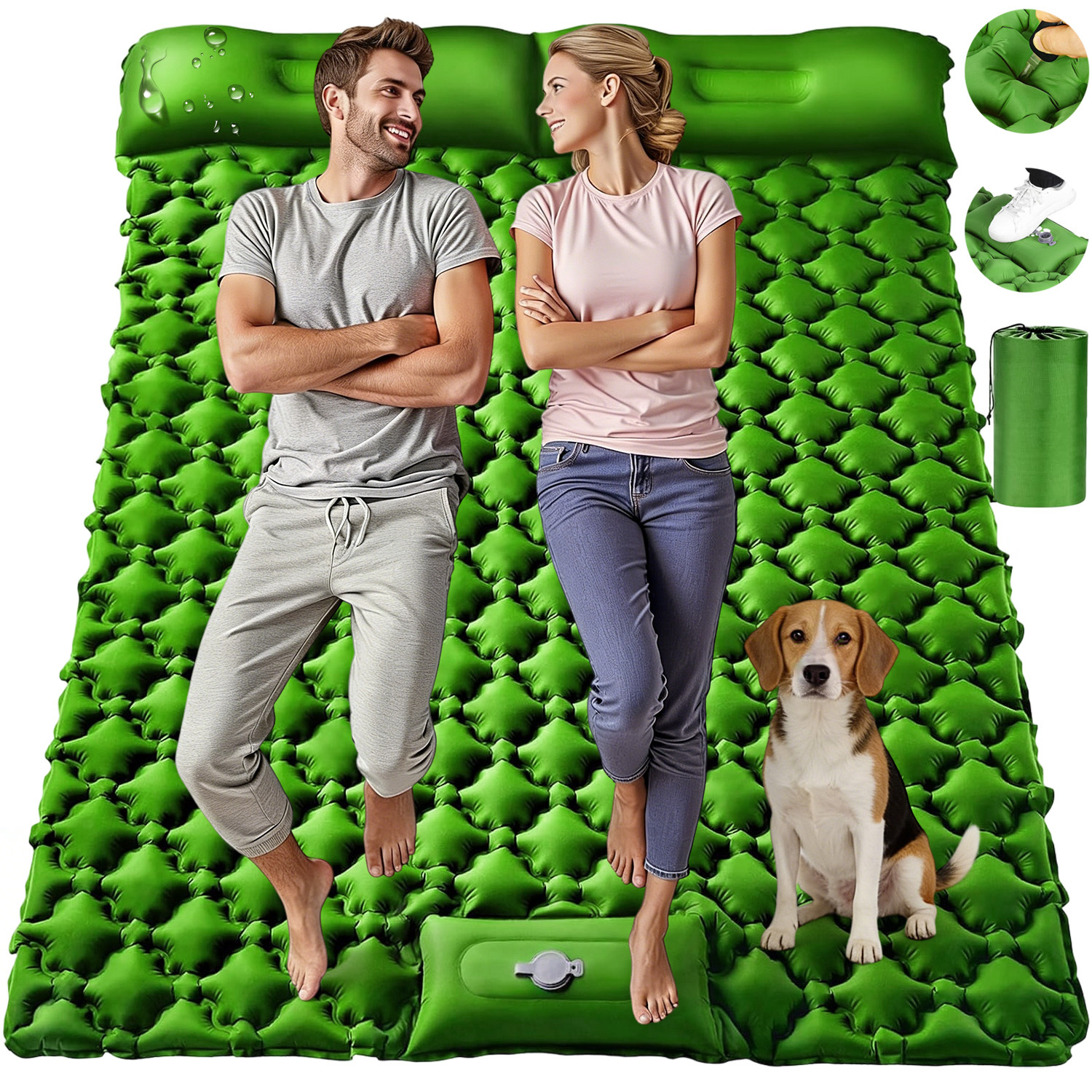 Image of Self-inflating Camping Sleeping Pad For Two, Featuring A Thick Portable Mat With An Integrated Pillow And Foot Pump, Ideal For Hiking And Travel
