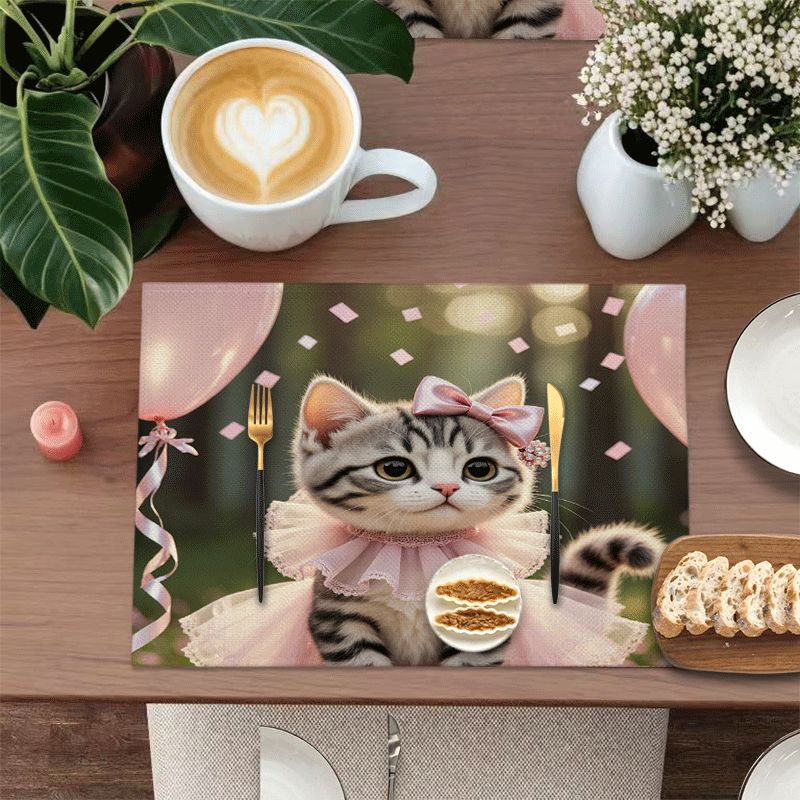Lot de 1/4/6 sets de table rectangulaires - 30,48 x 45,72 cm - Sets de table rose chaton pour anniversaire avec motif 2D, sets de table en polyester résistant et lavable_voghion.com