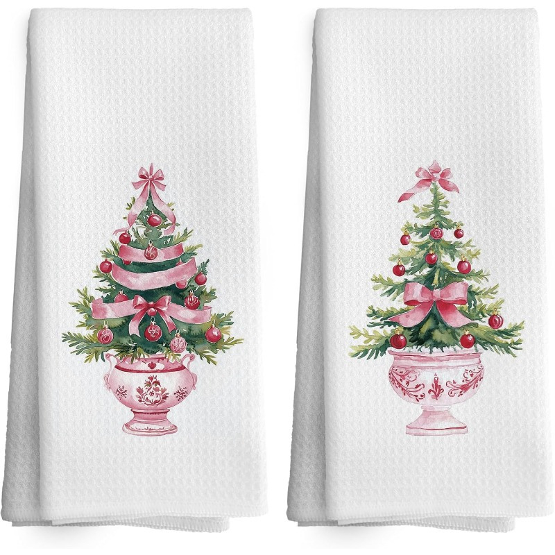 

2pcs Pink Christmas Kitchen Towels - 18x26" Polyester, Absorbent Dish Cloths With Tree & Vase Design For Holiday Decor,