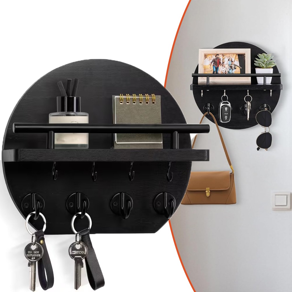 Key Rack For Wall, Key And Mail Holder Organizer With - Key Holder Wall Mount - Round Rustic Home Decor For Entryway, Mudroom, Hallway, Kitchen Office (black)