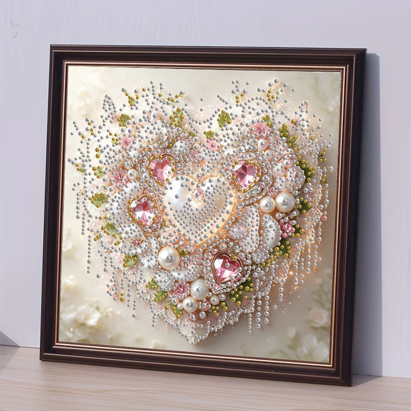 TEMU Soft Romantic Heart-shaped Pearl Diamond Painting Kit, 30x30cm Frameless Craft, Embedded With Sparkling Gemstone Hearts, Pearls, And Floral