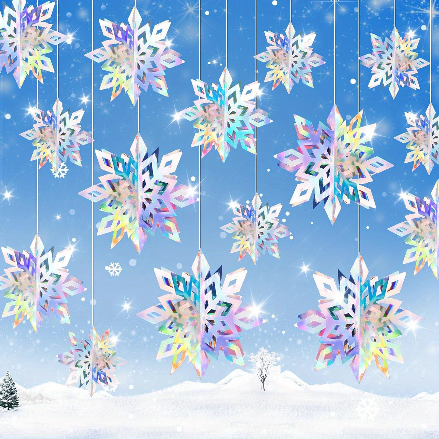 18pcs Iridescent 3d Large Hanging Snowflake Decorations With - Winter Christmas Ornaments Suitable For Indoor Ceiling, Birthday Party & New Year Decor - Paper Snow Flakes (18pcs)