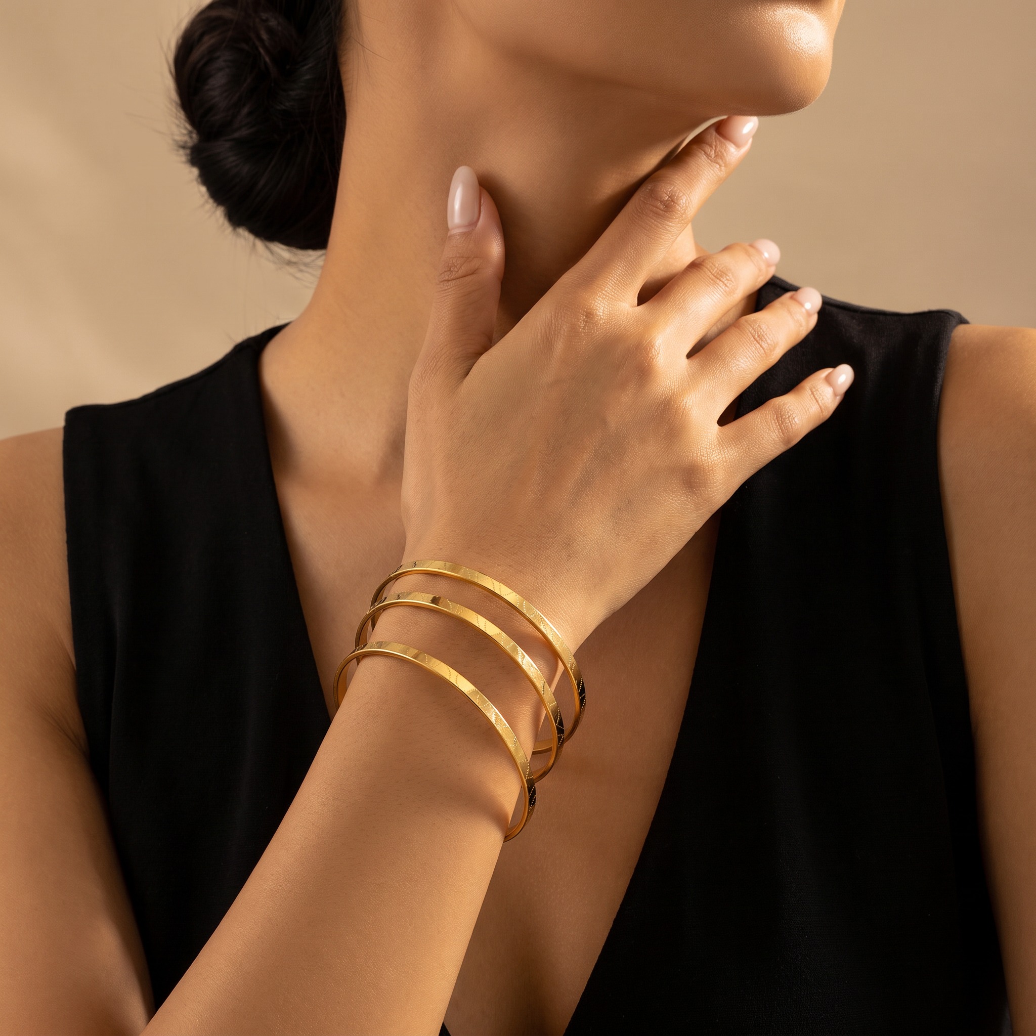 3pcs 18K Golden Plated Stainless Steel Slim Bangle Bracelet Set