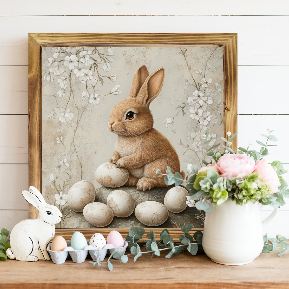 

1pc Rustic Wooden Bunny And Wall Decor Sign, 8x8 Inch Wood Frame, Indoor Easter Decoration For Living Room, Kitchen, Office - No Electricity Needed