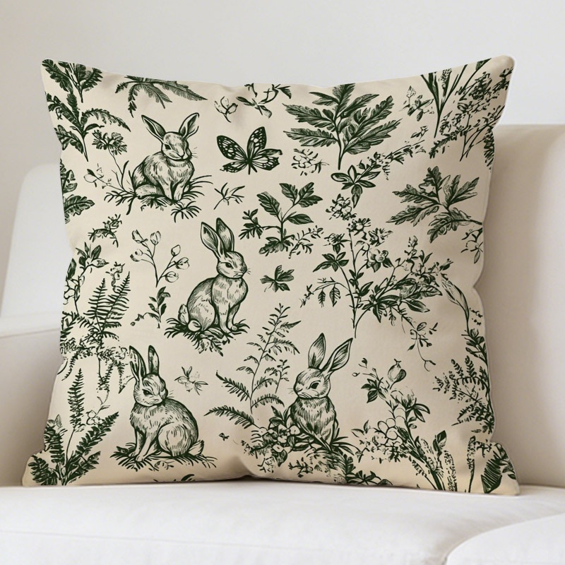 TEMU Housse de coussin décorative 1 pièce, impression , 17,72 po x 17,72 po, dessin au trait de style vintage avec fond beige, motif de plantes et de