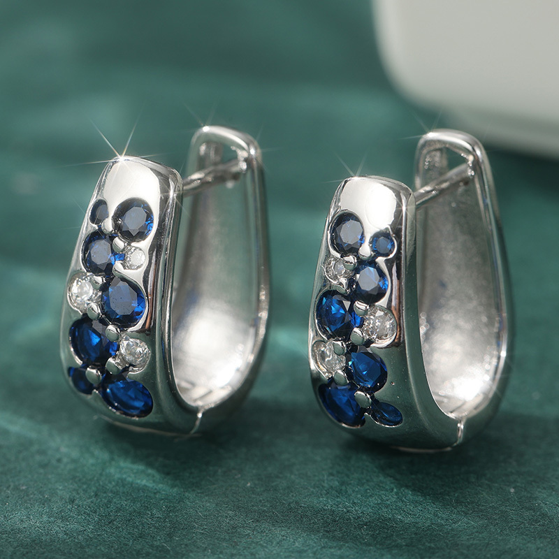 Women's U-Shaped Huggie Earrings with Blue & White CZ