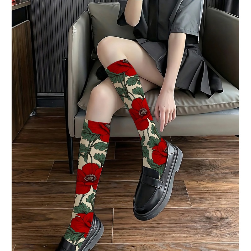 TEMU 1 Paire de Chaussettes Montantes Femme Motif Coquelicot Rouge, Feuilles Vertes Éclatantes et Attrayantes, Motif Rétro , Chaussettes Montantes