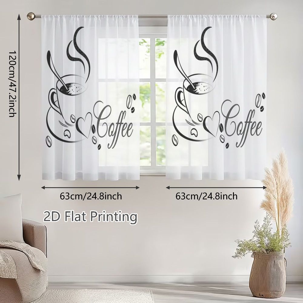 TEMU 2D Plat - 2D Plat - 2D Plat, 2pcs Petites Rideaux Voilages Printemps Été, Illustration Tasse de et Blanc avec Cursive Élégant et de Café Épars,