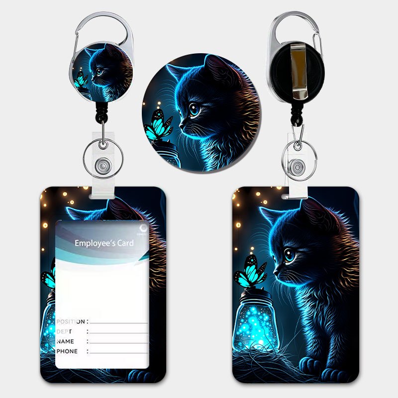 TEMU Black Cat Print Id Badge Holder With Pull-tab Retractable Lanyard And Keychain, Durable Plastic Card Holder. Suitable For Storing Id Cards Such
