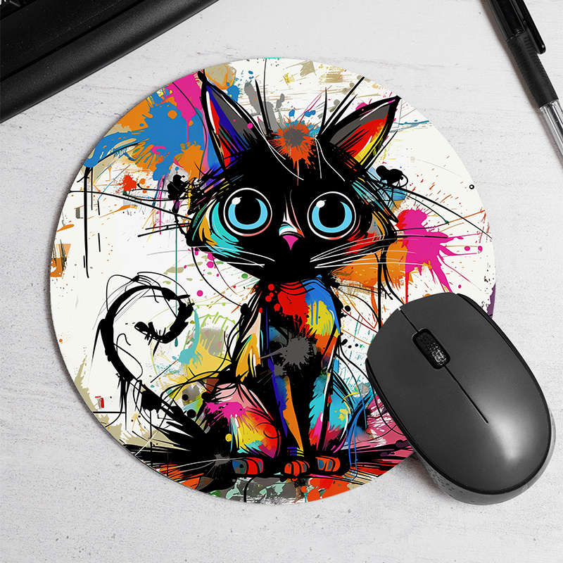 TEMU A Round Mouse Pad With A Colorful Ink- Cat . It Has A Non-slip Rubber Bottom, Is Suitable For Office Desktops, Is A Durable And Portable
