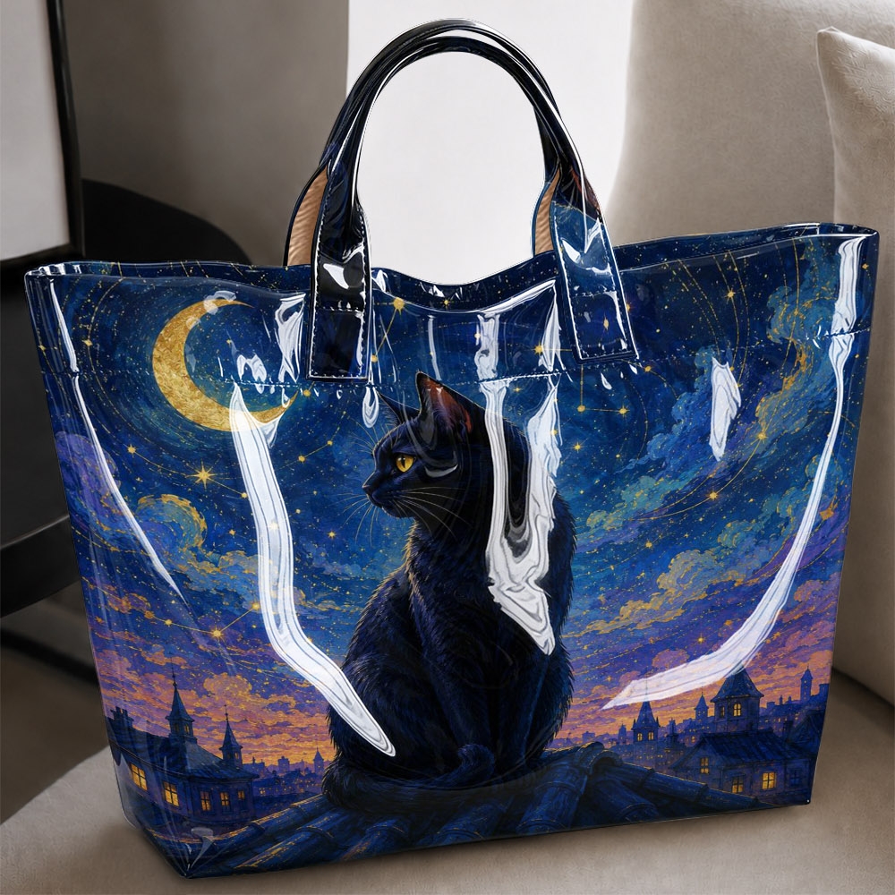 Image of Tote Bag With Black Cat In Starry Sky; Spacious Handbag With Mystical, Fairytale Vibe - Ideal For Shopping, Commuting, Travel, Pet Lovers, And Casual Evening