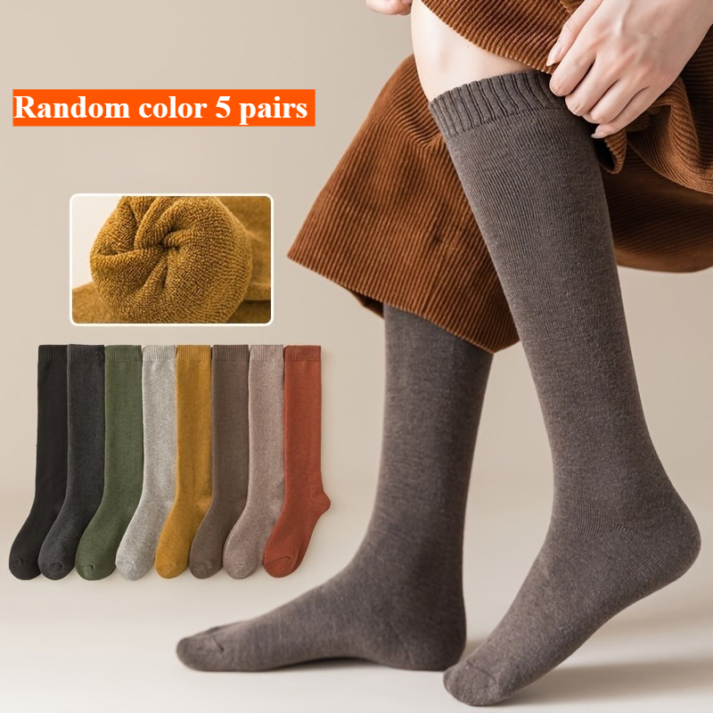 Image of 5-pair Women's Random Mixed Color Long Leg Socks-autumn And Winter Thick Warm Combination Socks, Daily Wear, Dating, Outdoor Activities