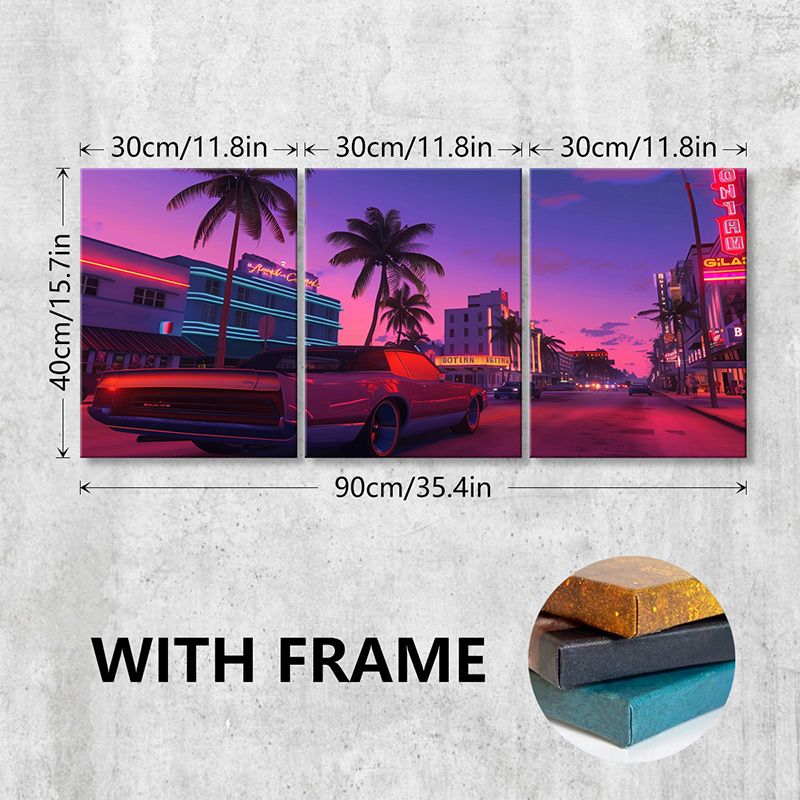 TEMU 3pcs/ Set Wooden Framed Canvas Poster, Vaporwave Aesthetic Art, Cars, Modern Wall Art Painting For Living Room, Bedroom, Bathroom, Office, Cafe,