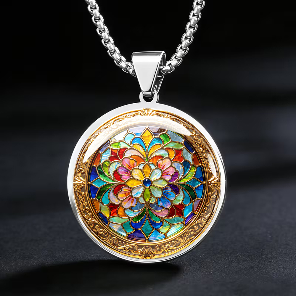 TEMU 1pc/2pcs Pendentif rond 2D plat vintage en verre teinté avec motif mandala, collier en acier inoxydable 316, deux couleurs doré et argenté,