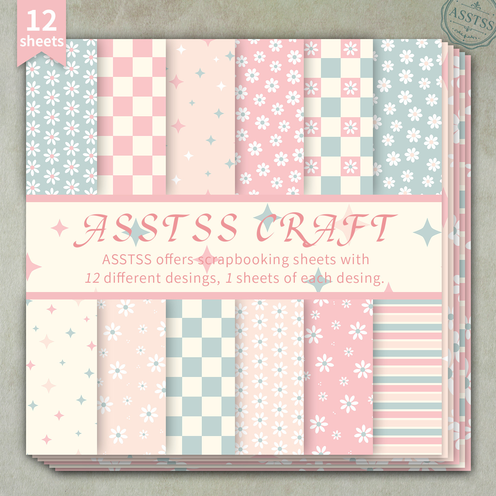 TEMU 12-sheet Asstss 6x6 Inch Scrapbooking Paper Pad, Spring Pink-blue Daisy Style Backing Paper Supplies, Heavyweight Cardstock For Journaling,