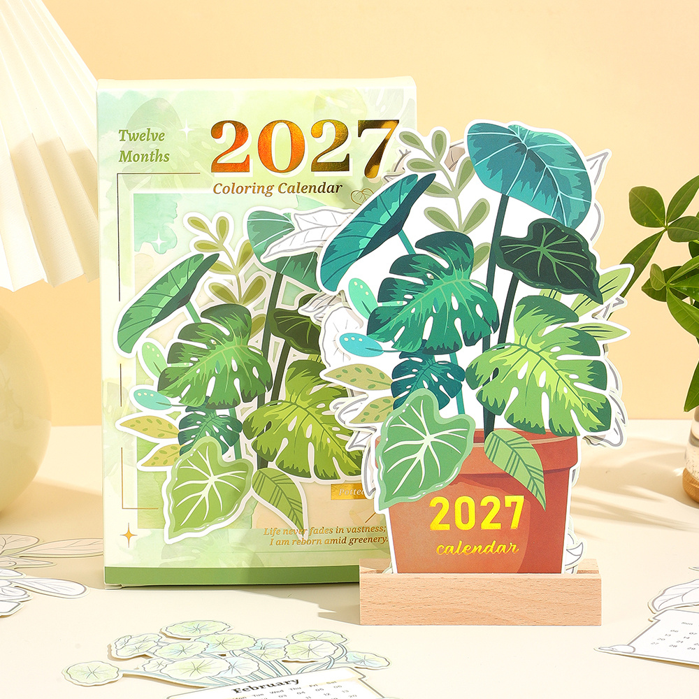 TEMU 1 Set Icceemee 2027 Botanical Coloring Desk Calendar With 12 Replaceable Monthly Cards & Wooden Stand - Diy Color-in Schedule Planner Suitable