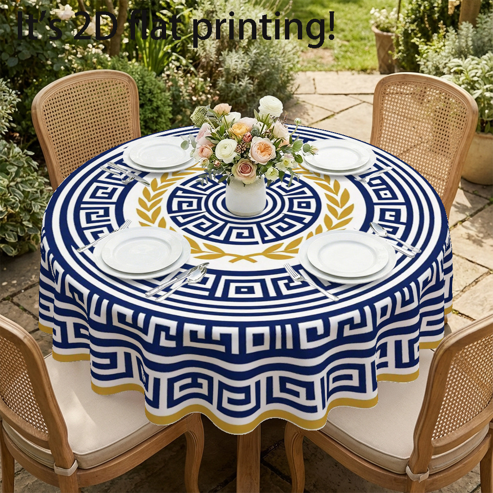 TEMU 1pc Greek - Style Tablecloth For Round Table With Blue, White And Golden Geometric And - Wreath , 2d Printing, Suitable For Party, Picnic,