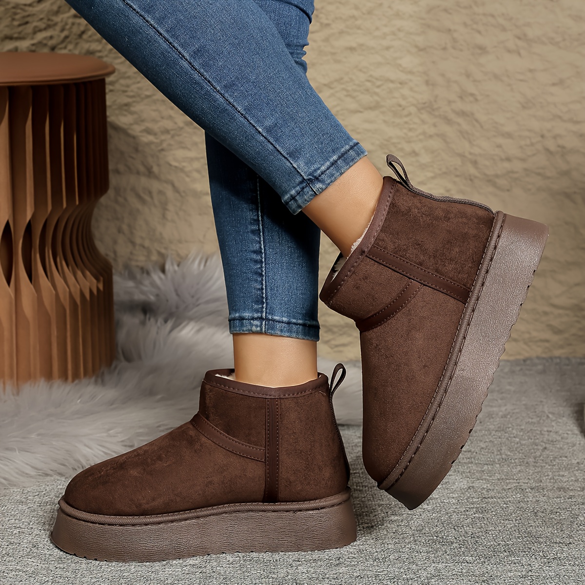 TEMU Women's Fashion Warm Boots - Slip-on Platform Shoes, Slip-resistant - Warm Texture Suitable For Cold Weather - Versatile For Casual And Formal