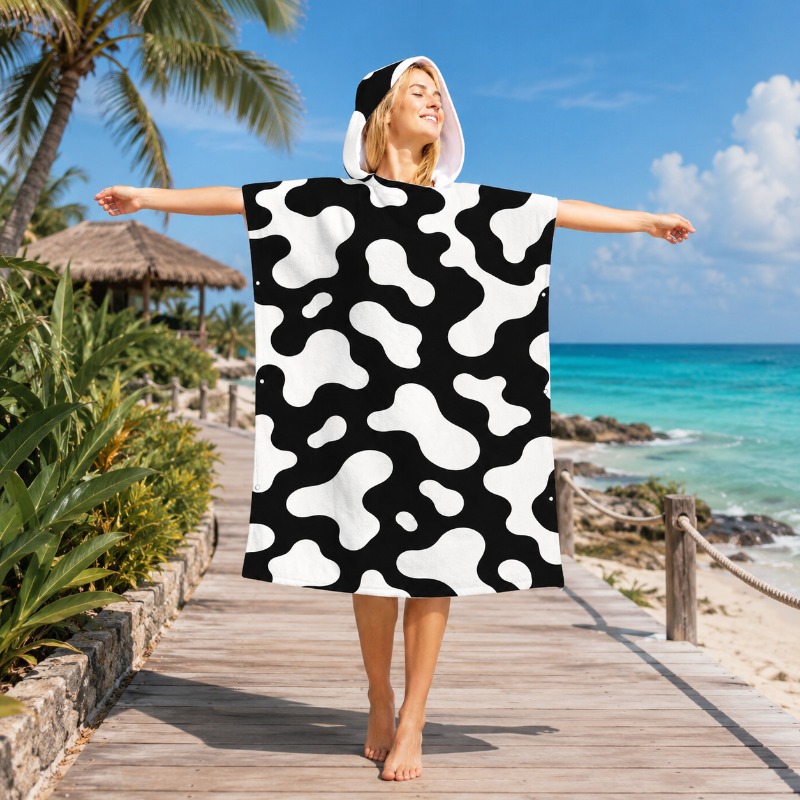TEMU 1pc Cow Print Beach Cape Hooded Bath Towel Cape - Quick-dry Suitable For Pool, Surfing, Camping & Travel, Soft Breathable Hooded Towel With Cow,