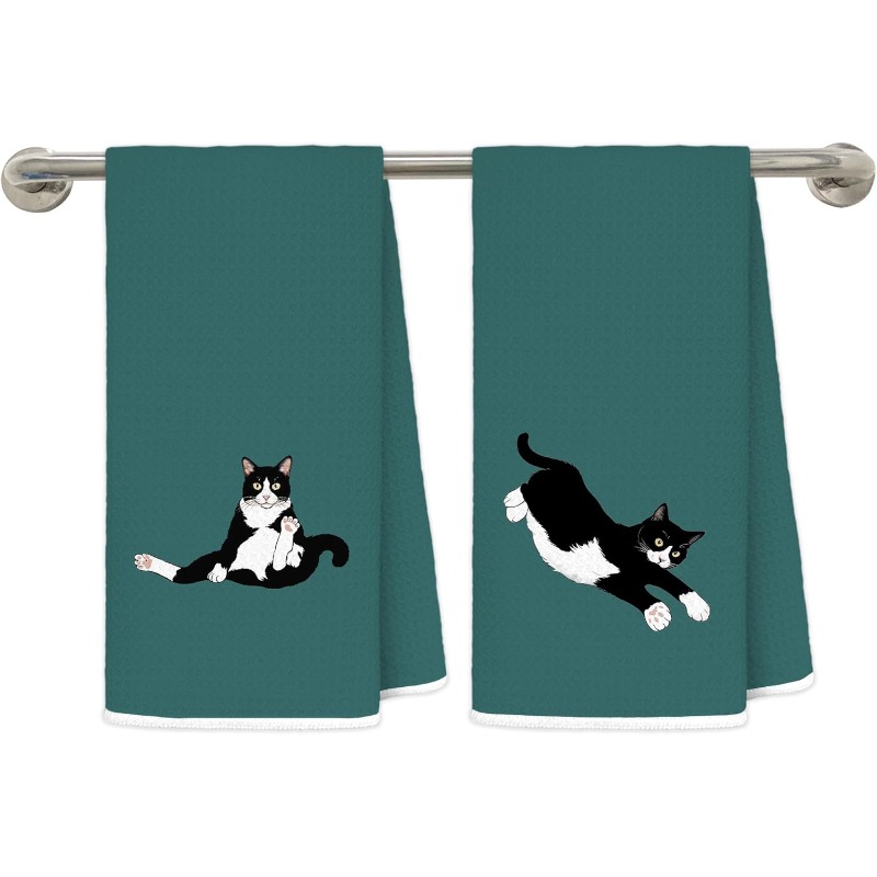 TEMU 【2枚セット】猫 キッチン用ディッシュタオル。猫好きのママへのプレゼントに最適。デザインのティールカラーで、バスルームにもおしゃれ。