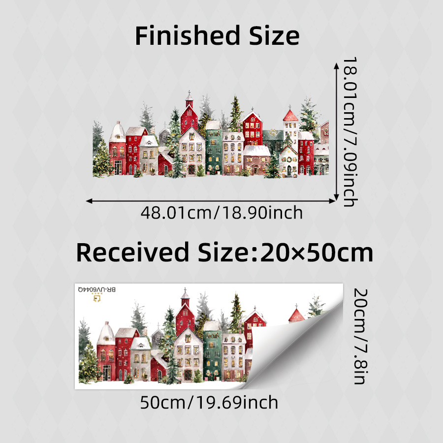 TEMU 1pc Festive Snowy Christmas Village Self-adhesive Window Stickers, Delicate Watercolor Houses Xmas Pine Trees Snow Landscape Wall Stickers, And
