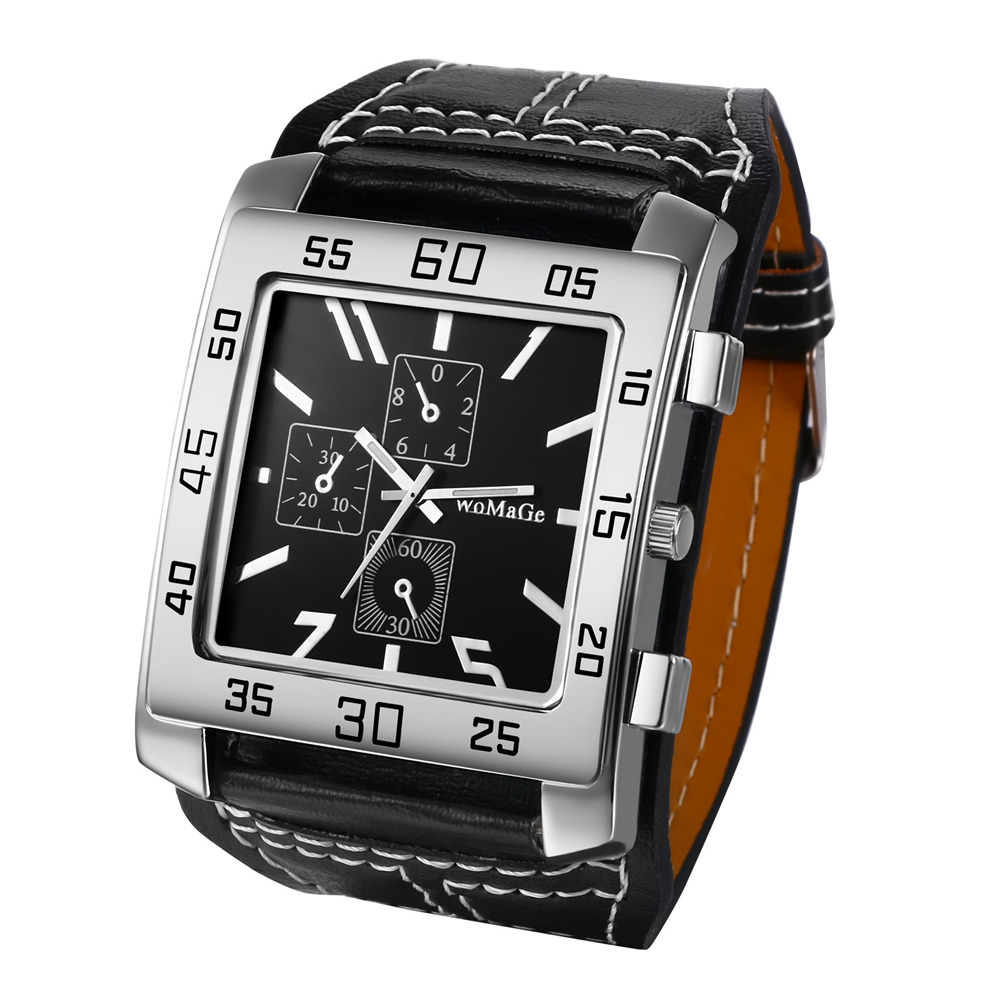 TEMU Men's Large Square Dial Quartz Watch, Elegant Pu Strap Casual Sports Watch