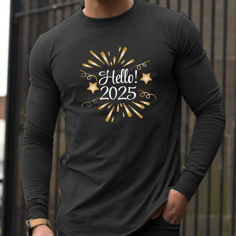 

Hello 2025 Men's Long Sleeve T-shirt - Casual Crew Neck Polyester Tee With Slight Stretch, Fall Fashion Top, Regular Fit - 95% Polyester 5% Elastane