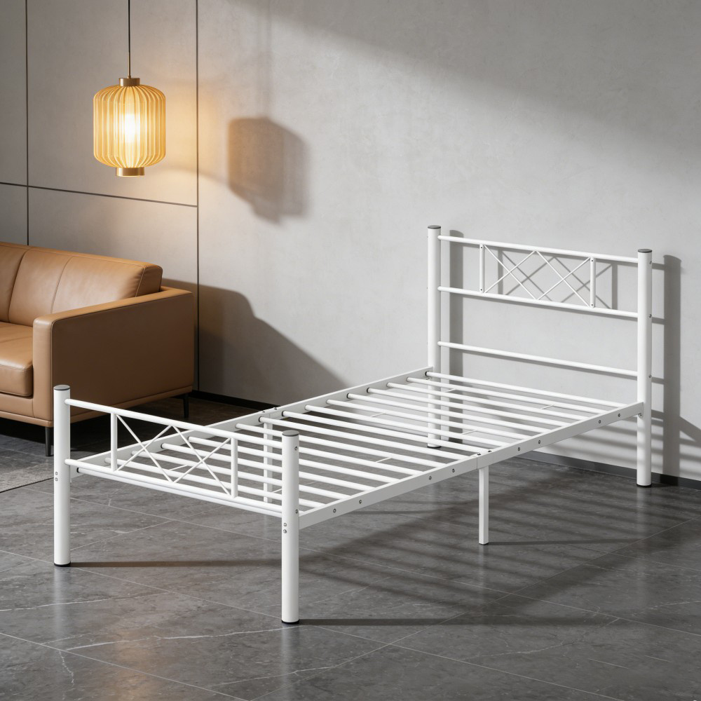Bed Frame White 200x90cm Steel Single Bed Base, 88cm High For Bedroom And