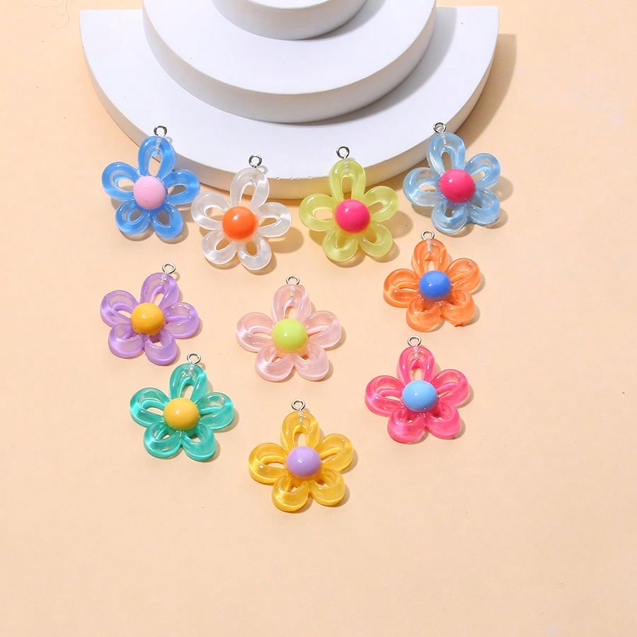TEMU Set Of 10 Vibrant Resin Hollow Five-petal Flower Charms, Your Own Necklaces, Earrings, Keychains, And Other Jewelry Embellishments, Assorted