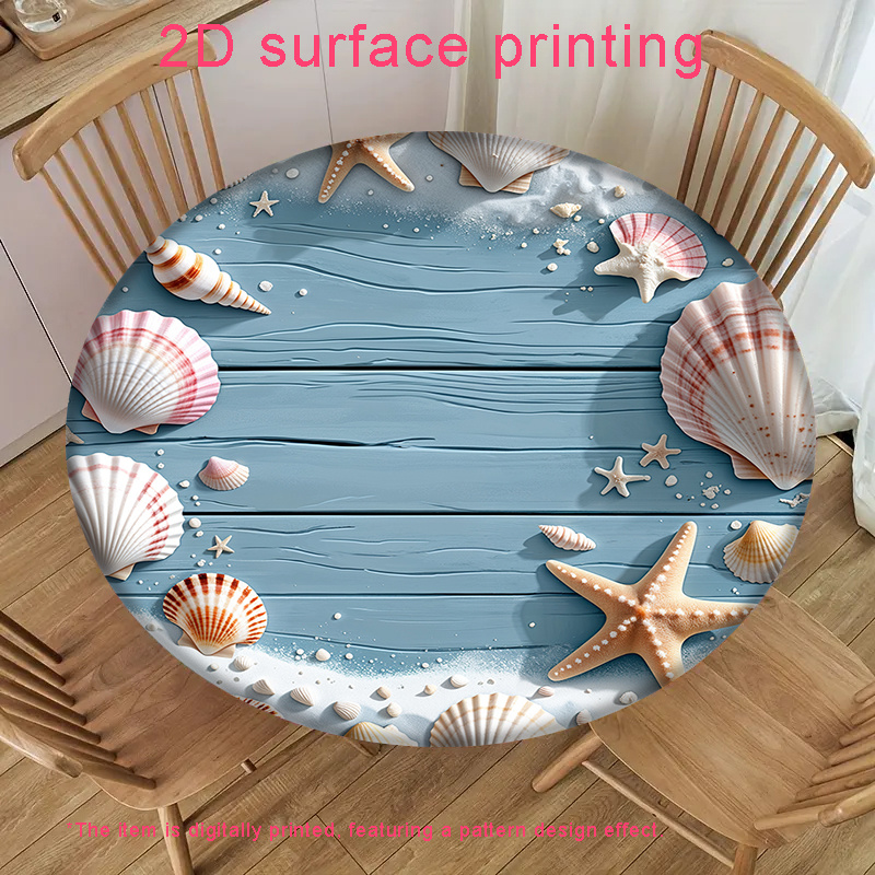 TEMU 1pc 2d Flat Printing Marine Shells Pattern Elastic Round Tablecloth Suitable For Round Dining Tables Material For Parties Kitchen Indoor Outdoor