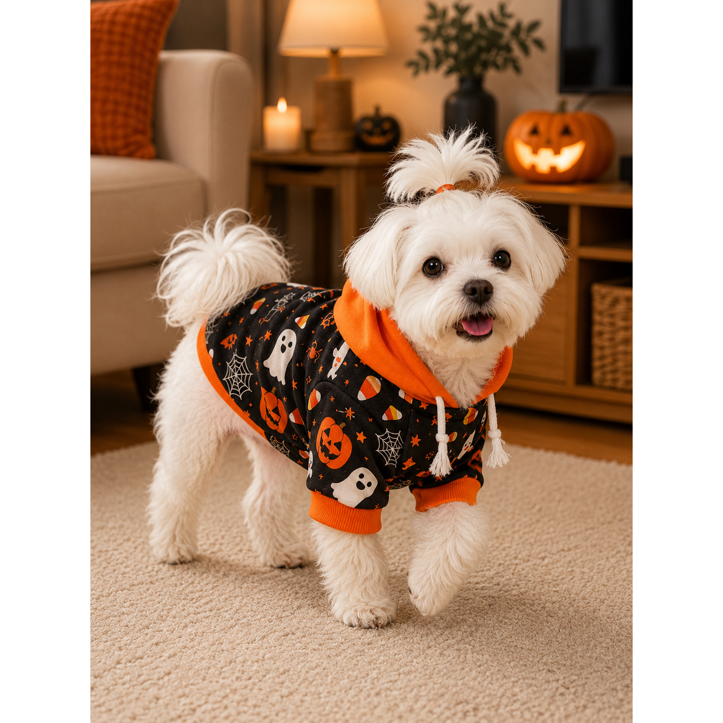 halloween dog hoodie with pumpkin   web print soft warm hooded outfit suitable for small medium dogs cozy puppy costume for parties autumn winter wear machine washable for breed sizes
