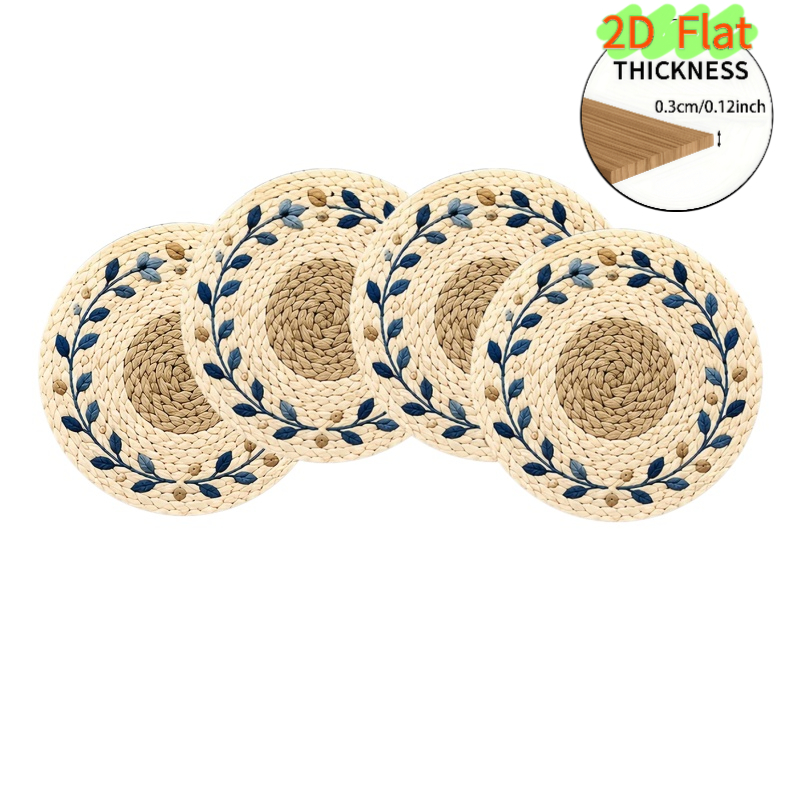 TEMU 2d Flat 4pcs Set Beige And Blue Vine Round Wooden Large Coasters - Textured Tableware For Dining Table, Table Decoration, Suitable For Parties,
