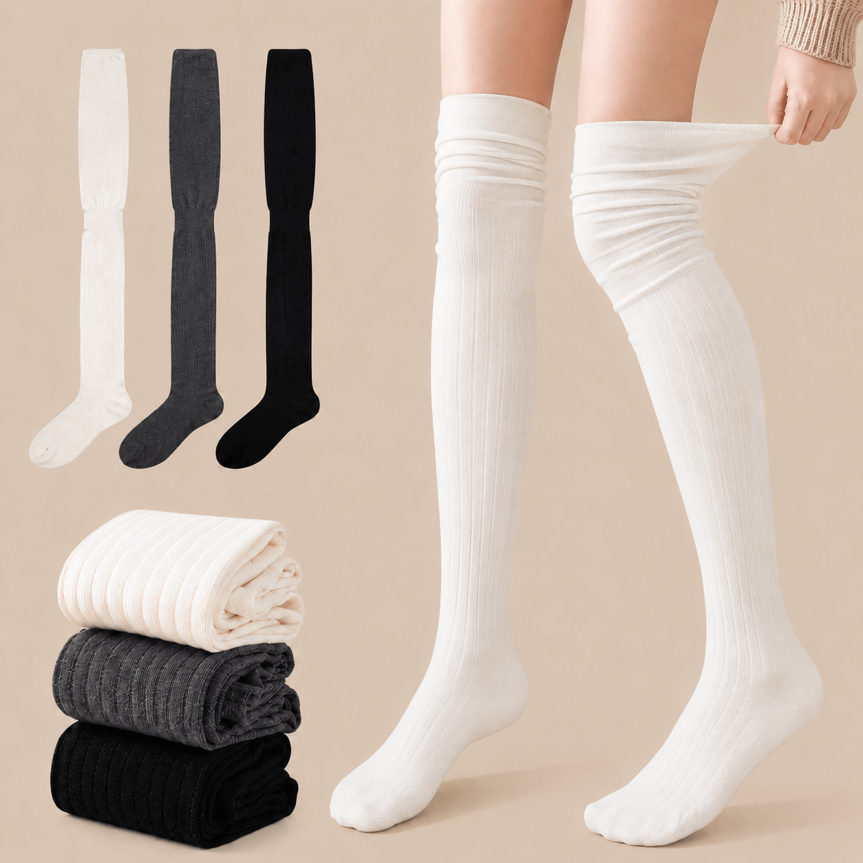 TEMU 3 Pairs High-knee Socks - Adjustable Length Elastic Layered Stacking Socks, Thick Warm Winter Tights Suitable For /calf Length, Hand Washable