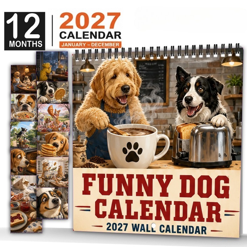 TEMU Wandkalender 2027, Grappige Kookhonden Wandkalender 2027, 12-Maanden Maandplanner, Ophangkalender met Dubbele Draadspiraal, Beschrijfbare Vakken