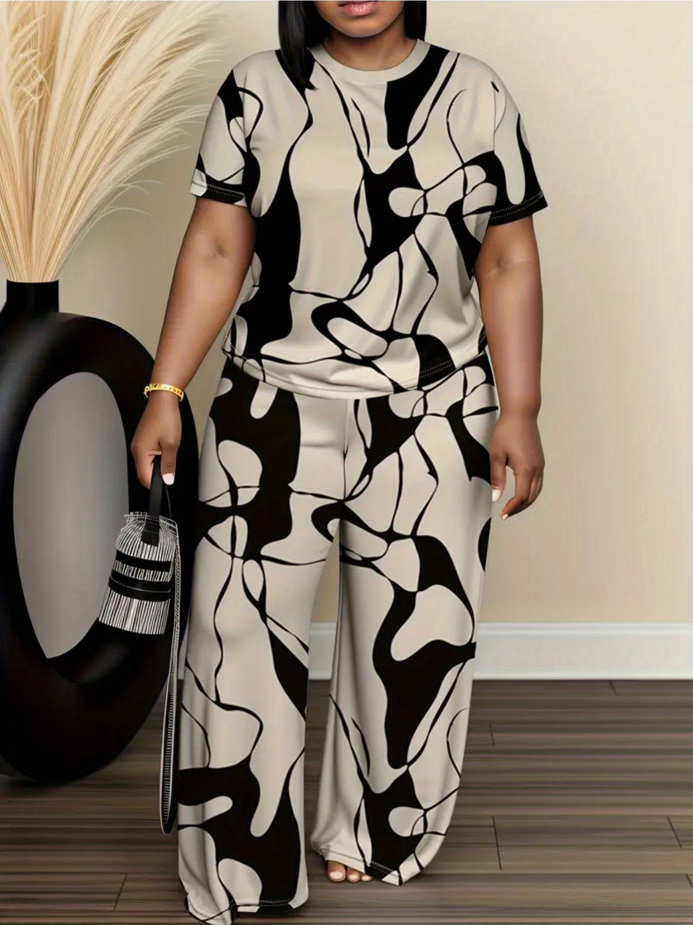 European and American Fashion Color-Block Print Short-Sleeve Top and Long Pants Casual Set for Women, Perfect for Spring and Autumn - Comfortable Style