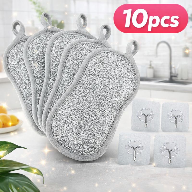 10pcs Premium Dish Scrubber Sponge With Hanging Loop, Double-sided Kitchen Cleaning Pad, Non-scratch Heavy-duty Sponge For Cookware, Plates, Glassware & Sink