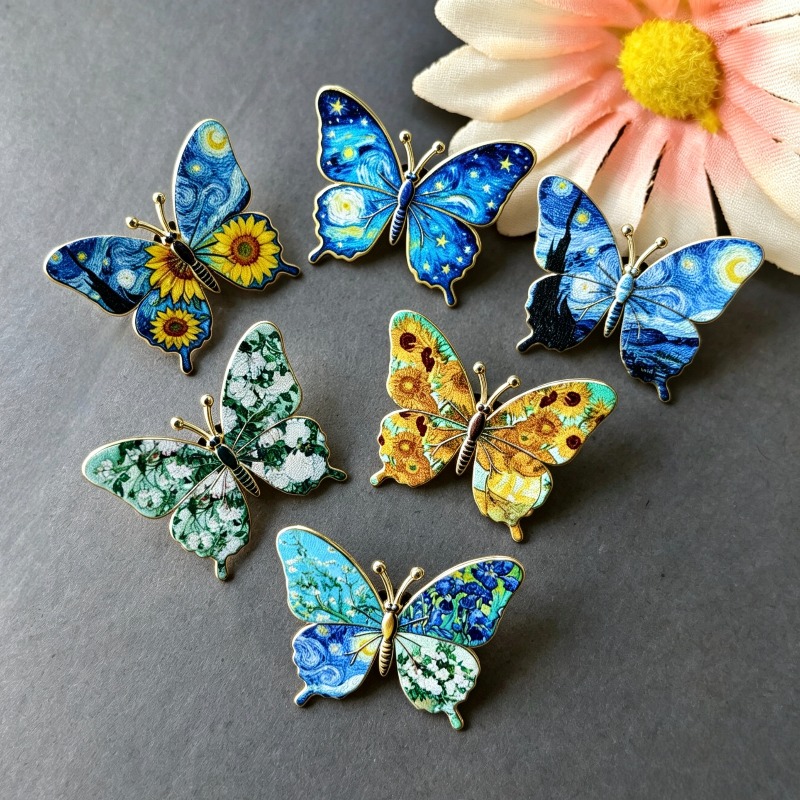 TEMU 6pcs Starry Night Sunflower Enamel Pin Set, Famous Oil Painting For Art Galaxy Floral Insect Lapel Badge For Backpack Clothes Hat, Gift For