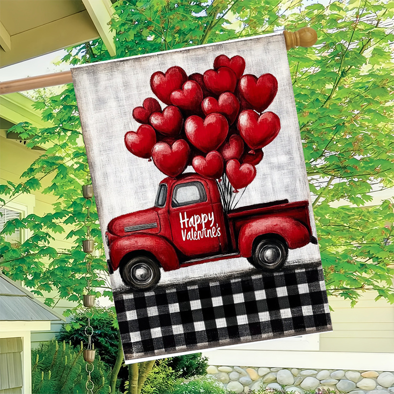 

[1pc Valentine's Day Garden Flag] 1pc Valentine's Day Double-sided Polyester Garden Flag - 28x40 Inch Outdoor Decorative Flag With Red Heart Truck Design For Yard And Patio Decoration