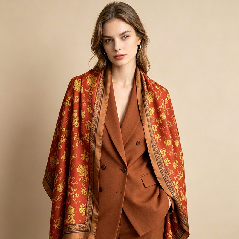 TEMU 100% Silk Shawl, Featuring Traditional Patterns In Red And Golden, Suitable For Summer Wear, And Beach, Wedding, And Formal Occasions