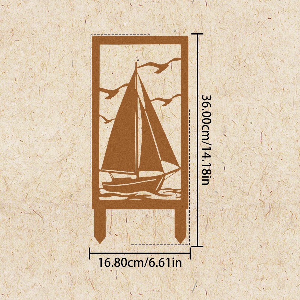 Image of 1 Outdoor Sailboat Pattern Screen, Rustic Style Privacy Screen, Garden Screen With Stand, Garden Courtyard Decorative Sculpture, Garden Decor With Stand