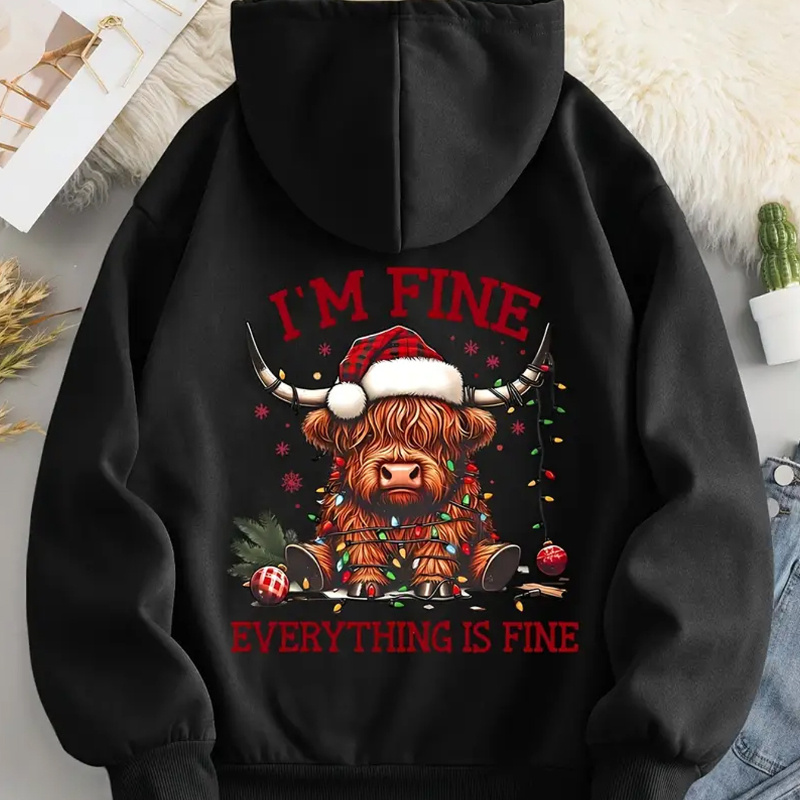 

1pc Women's Plus Size Christmas Highland Cow Print Hoodie, Casual Pullover Sweatshirt With Drawstring, Polyester Knit Fabric, Animal Pattern, Hooded, For Autumn/winter