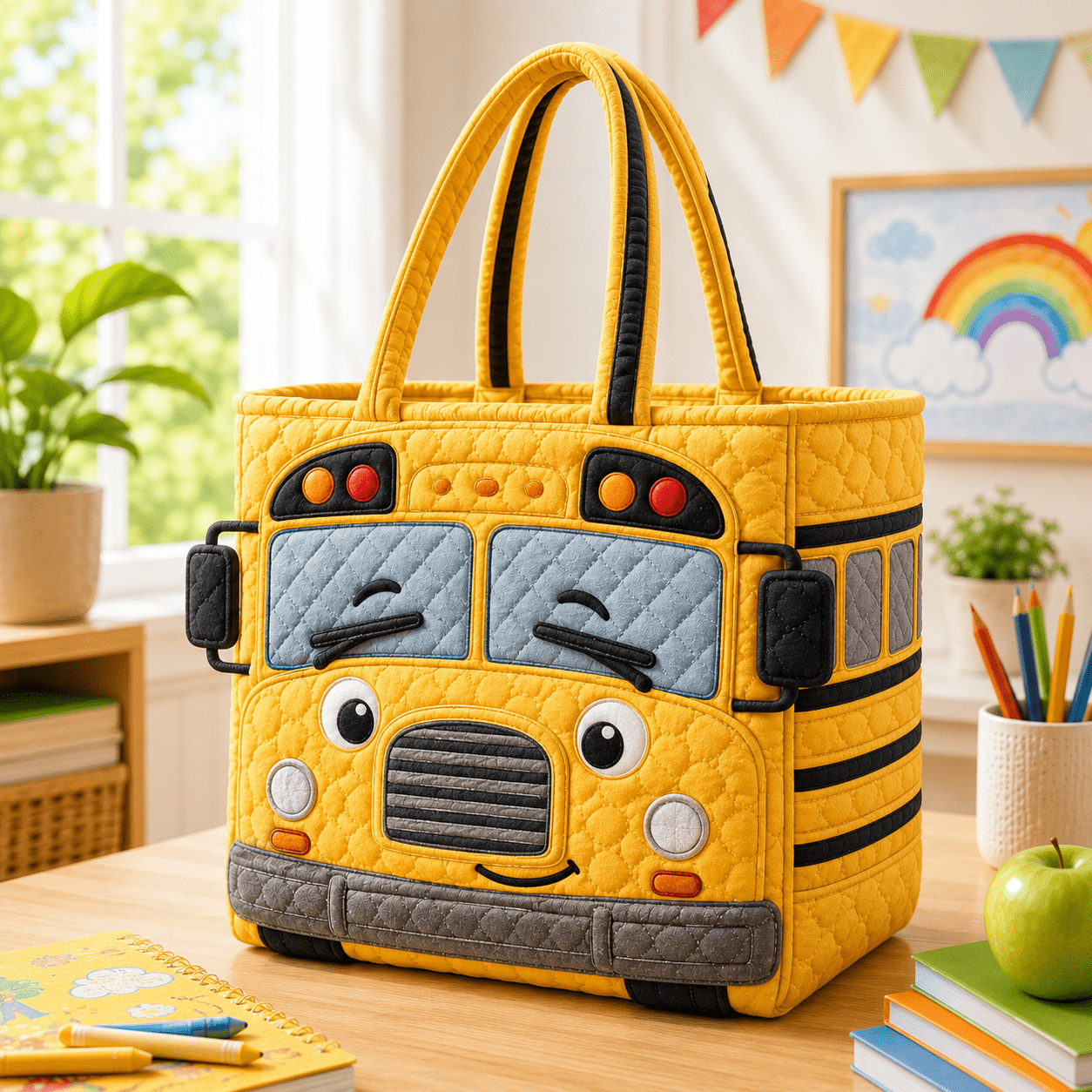 TEMU 1pc Yellow School Bus Back To School Print Wide Quilted Tote Bag, Large Capacity Lightweight Shoulder Handbag For Women, Teacher Work Shopping