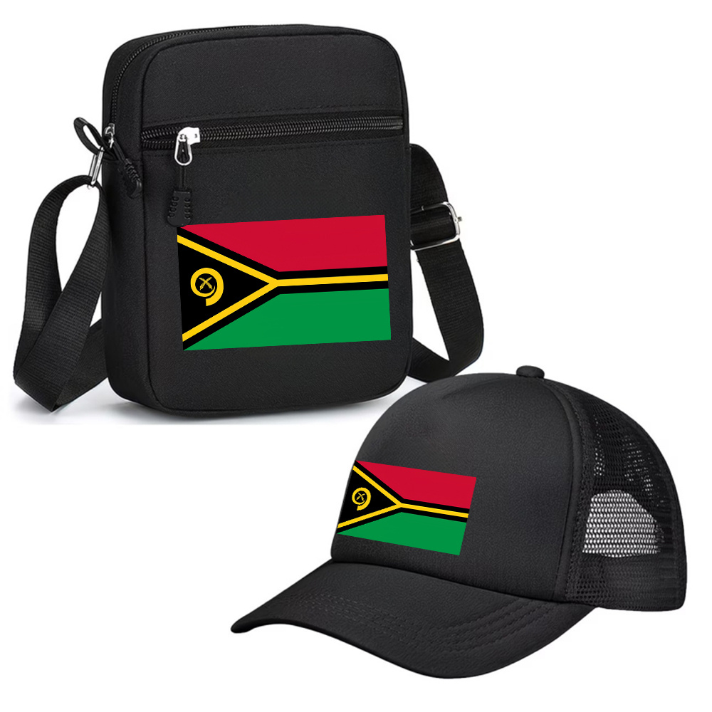 TEMU Vanuatu Flag Trucker Hat & Crossbody Bag Set - Breathable Mesh & Shoulder Bag With Vanuatu National Colors, Sporty Casual & Suitable For, Travel