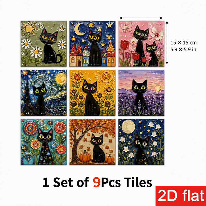 TEMU 2d Flat 9pcs 15x15cm (5.9x5.9in) Slate Tile Stickers Elite: Peel And Stick Wall Tiles With Halloween-inspired Black Cat, Floral, Starry Night